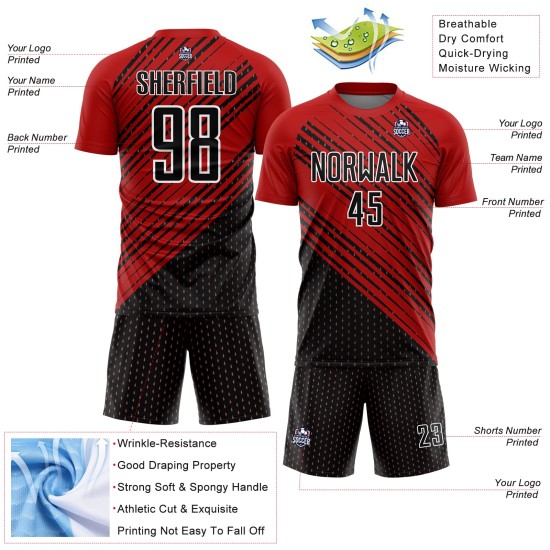 Uniform Soccer Red Diagonal Jersey Custom Black-White Sublimation Lines