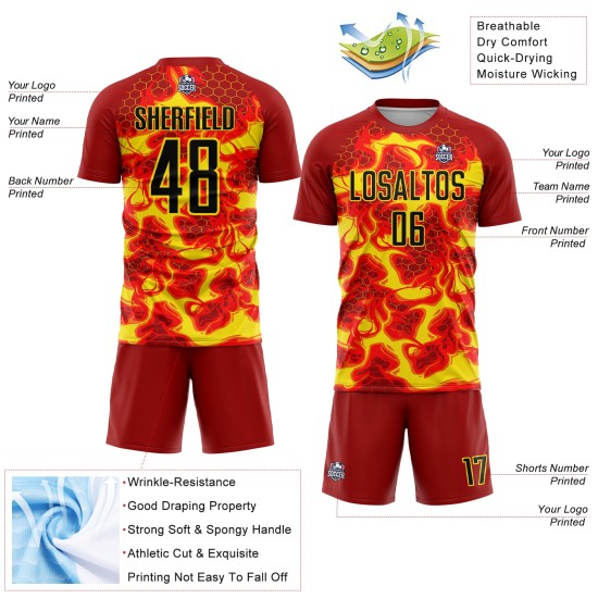 Jersey Yellow Black-Light Custom Soccer Sublimation Red Flame Uniform