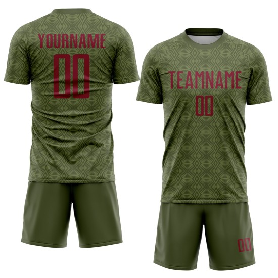 Soccer Shapes To Olive Custom Crimson Jersey Geometric Uniform Sublimation Service Salute Soccer Shapes To Olive Custom Crimson Jersey Geometric Uniform Sublimation Service Salute