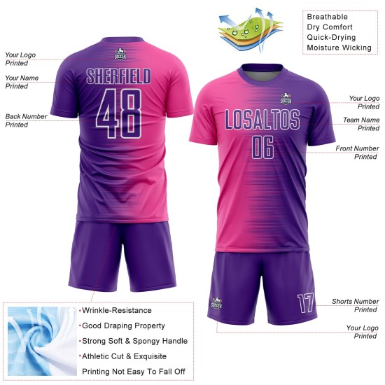 Sublimation Jersey Custom Uniform Purple Line Soccer Pink-White Gradient
