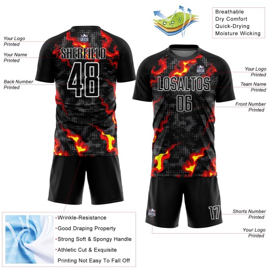Gray Jersey Uniform Black Sublimation Flame Custom Red-Gold Soccer