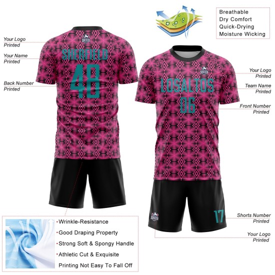 Sublimation Soccer Uniform Teal-Black Custom Geometric Shapes Jersey Pink
