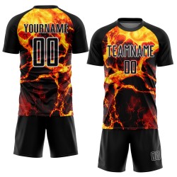 Black Jersey Uniform Custom Sublimation Gold-White Soccer Flame
