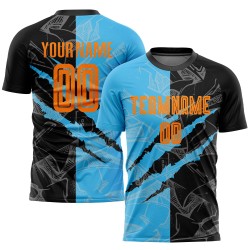 Custom Sublimation Orange Uniform Blue Soccer Black-Sky Scratch Bay Graffiti Jersey Pattern
