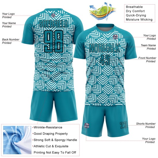 Geometric Abstract Uniform Black Jersey Teal Sublimation Soccer Custom Shapes