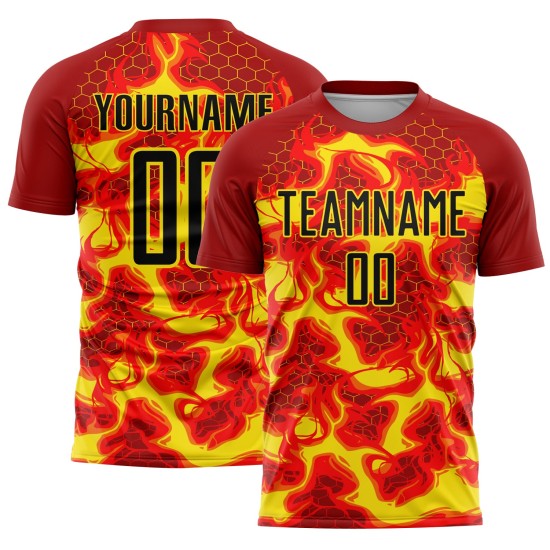 Jersey Yellow Black-Light Custom Soccer Sublimation Red Flame Uniform
