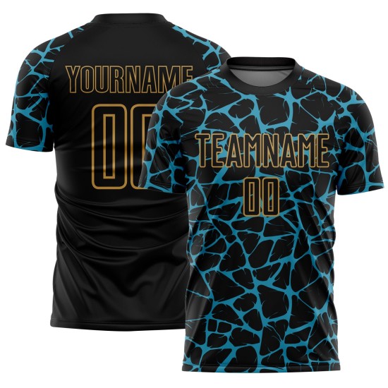 Sublimation Jersey Uniform Soccer Panther Custom Splash Black Abstract Blue-Old Gold Network Sublimation Jersey Uniform Soccer Panther Custom Splash Black Abstract Blue-Old Gold Network