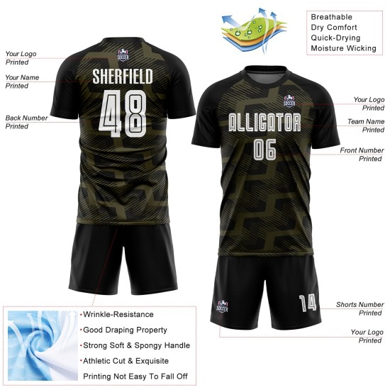 Uniform Line Custom Soccer Sublimation Jersey Black White-Olive Uniform Line Custom Soccer Sublimation Jersey Black White-Olive