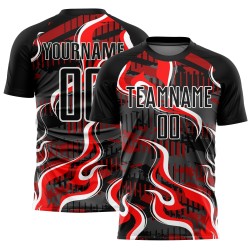 Red-White Custom Jersey Black Soccer Sublimation Flame Uniform