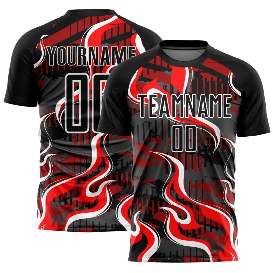 Red-White Custom Jersey Black Soccer Sublimation Flame Uniform