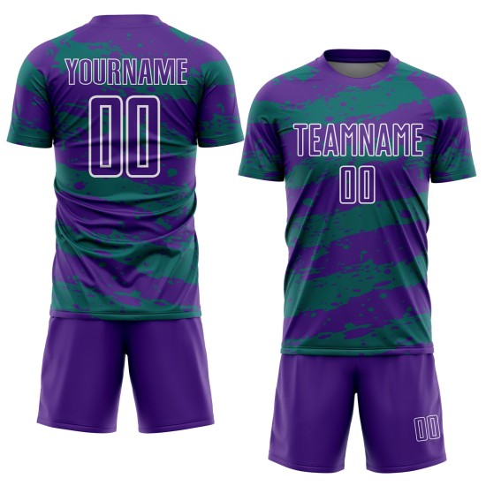 Splash Sublimation Custom Teal-White Soccer Uniform Purple Jersey
