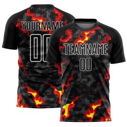 Gray Jersey Uniform Black Sublimation Flame Custom Red-Gold Soccer