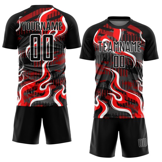 Red-White Custom Jersey Black Soccer Sublimation Flame Uniform