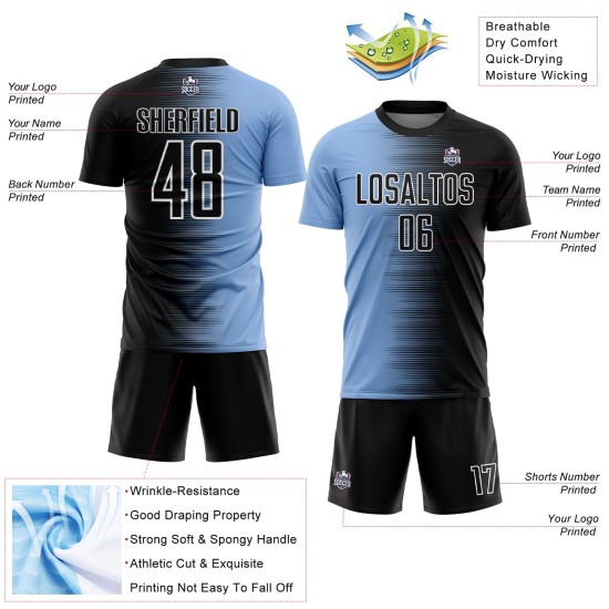 Sublimation Jersey Line Black Blue-White Light Gradient Custom Soccer Uniform
