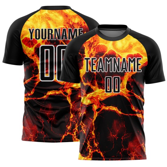 Black Jersey Uniform Custom Sublimation Gold-White Soccer Flame