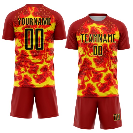 Jersey Yellow Black-Light Custom Soccer Sublimation Red Flame Uniform