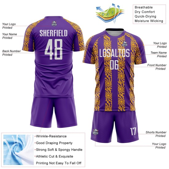 Sublimation Jersey Shape Uniform Purple Abstract White-Gold Custom Soccer