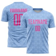 Custom Sublimation Pink Jersey Light Soccer Uniform Geometric Blue Shapes
