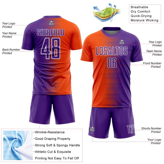 Gradient Jersey Uniform Sublimation Line Soccer Purple Custom Orange-White