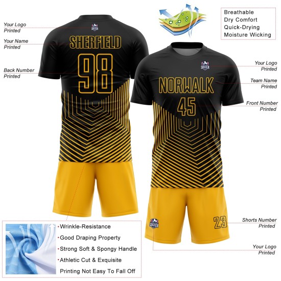 Sublimation Black Lines Uniform Gold Geometric Jersey Soccer Custom