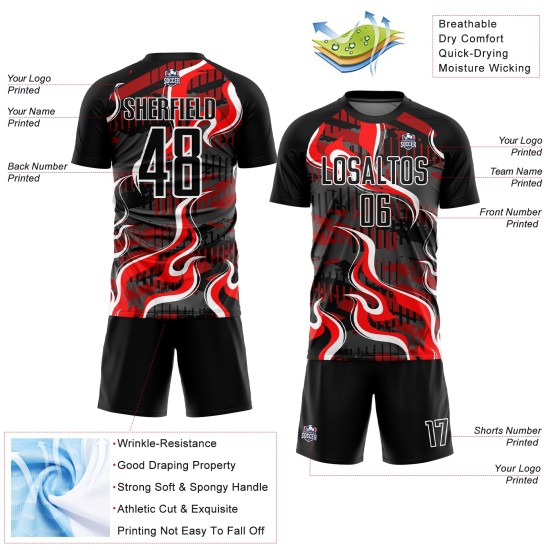 Red-White Custom Jersey Black Soccer Sublimation Flame Uniform