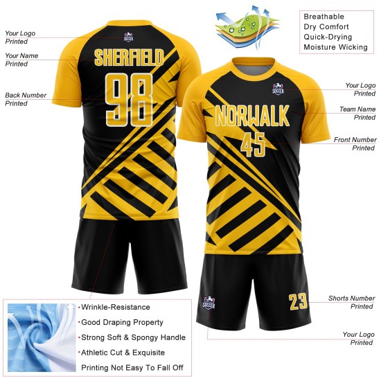 Jersey Uniform Sublimation Gold-White Lines Black Soccer Custom