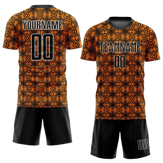 Shapes Orange Sublimation Soccer Custom Geometric Uniform Jersey Black-White