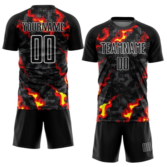 Gray Jersey Uniform Black Sublimation Flame Custom Red-Gold Soccer