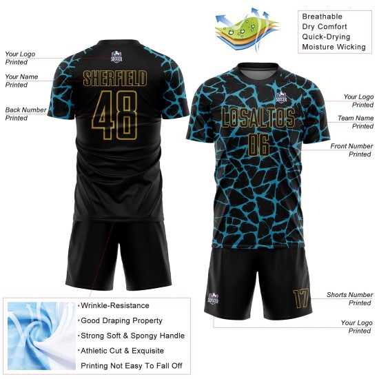 Sublimation Jersey Uniform Soccer Panther Custom Splash Black Abstract Blue-Old Gold Network Sublimation Jersey Uniform Soccer Panther Custom Splash Black Abstract Blue-Old Gold Network