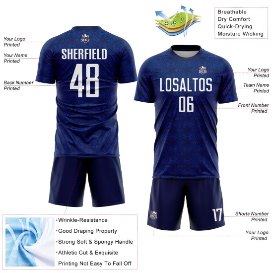Geometric White-Royal Uniform Soccer Custom Navy Jersey Sublimation Shapes