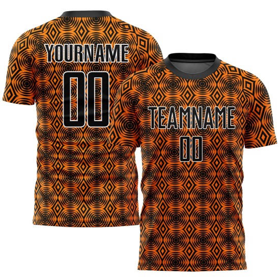 Shapes Orange Sublimation Soccer Custom Geometric Uniform Jersey Black-White