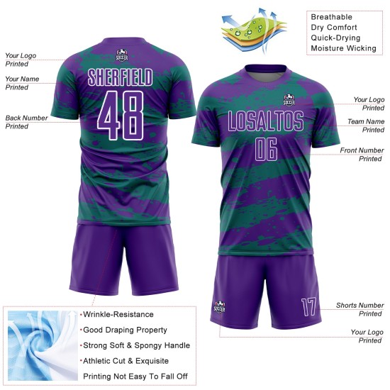 Splash Sublimation Custom Teal-White Soccer Uniform Purple Jersey