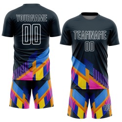 Custom Navy Jersey White Uniform Geometric Shapes Soccer Sublimation