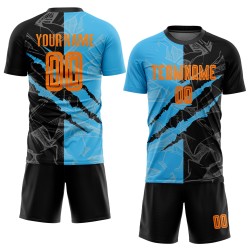 Custom Sublimation Orange Uniform Blue Soccer Black-Sky Scratch Bay Graffiti Jersey Pattern Custom Sublimation Orange Uniform Blue Soccer Black-Sky Scratch Bay Graffiti Jersey Pattern