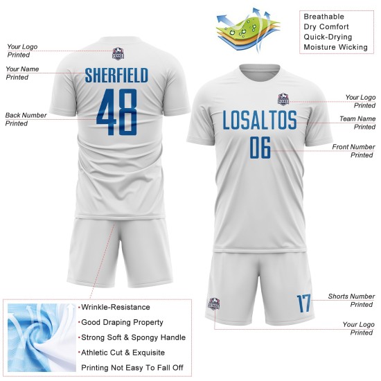 Soccer White Custom Uniform Blue Jersey Sublimation