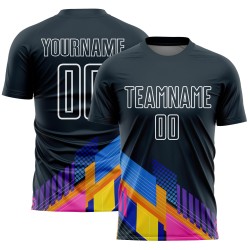 Custom Navy Jersey White Uniform Geometric Shapes Soccer Sublimation