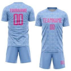 Custom Sublimation Pink Jersey Light Soccer Uniform Geometric Blue Shapes