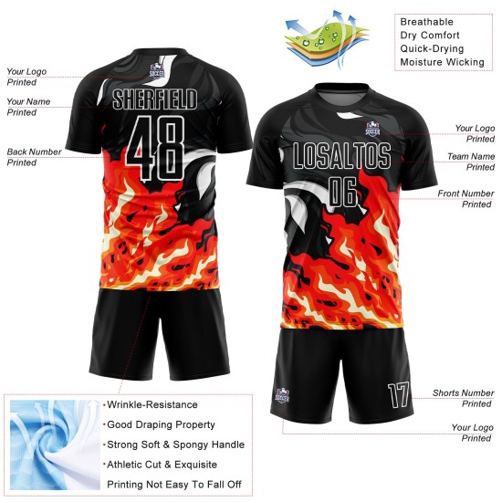 Flame Sublimation Custom Soccer Uniform Black Red-Orange Jersey