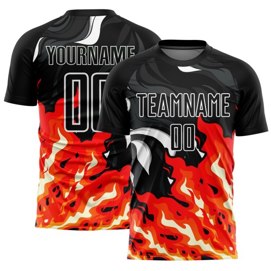 Flame Sublimation Custom Soccer Uniform Black Red-Orange Jersey