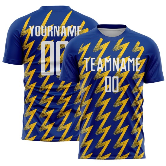 White-Yellow Royal Zigzag Soccer Jersey Custom Uniform Shape Sublimation White-Yellow Royal Zigzag Soccer Jersey Custom Uniform Shape Sublimation