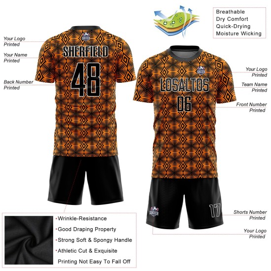 Shapes Orange Sublimation Soccer Custom Geometric Uniform Jersey Black-White