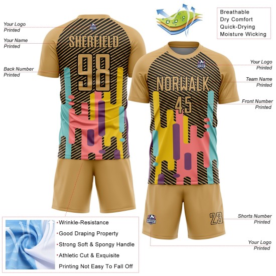 Sublimation Old Jersey Gold Lines Uniform Custom Soccer Black