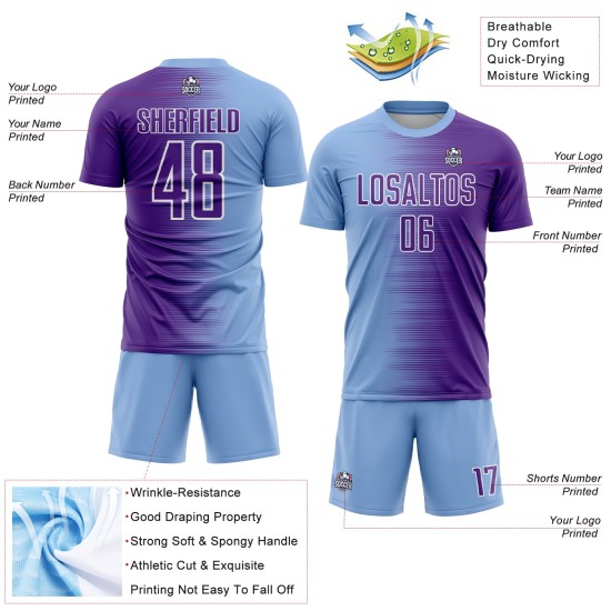 Light Custom Soccer Gradient Blue Purple-White Uniform Line Sublimation Jersey